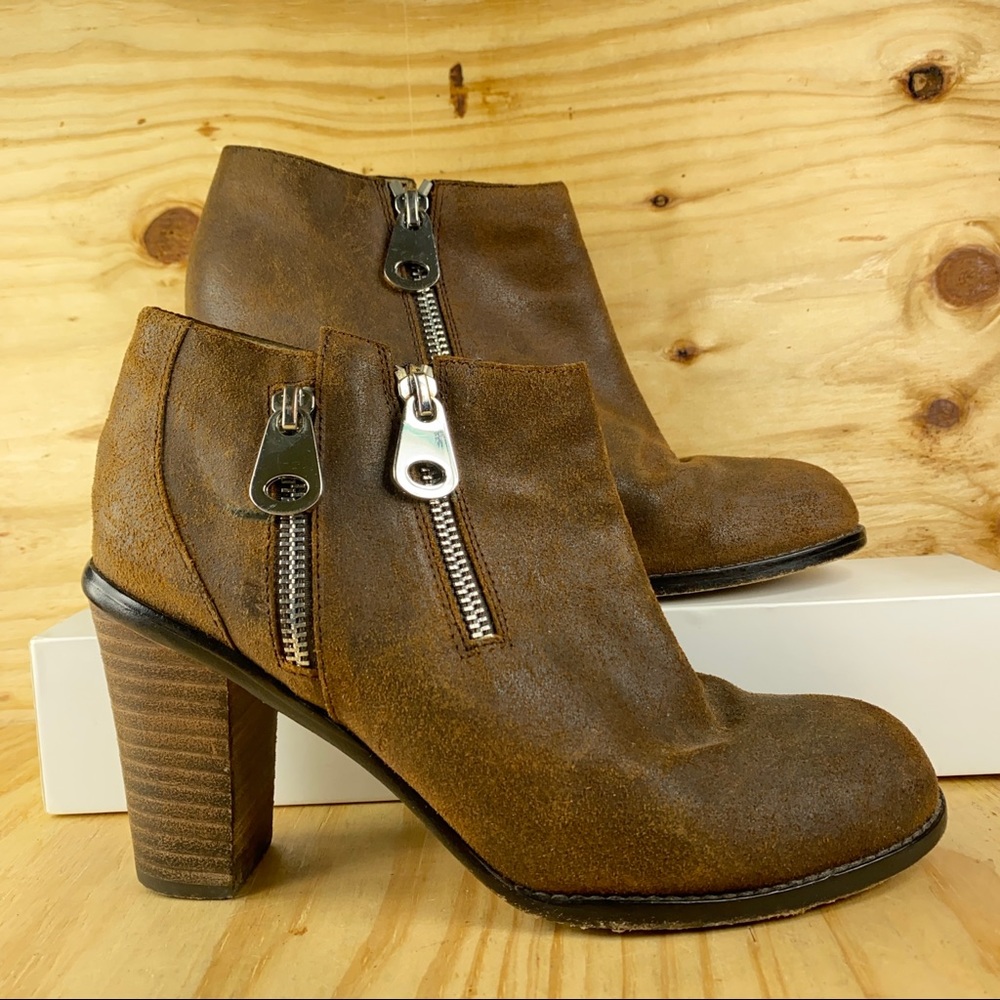 Sundance Catalog Sz 7 Distressed Brown Waxed Suede Side Zip Ankle Boots Booties